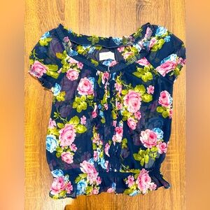 Y2K Abercrombie & Fitch Navy Blue Floral Sheer Short Sleeve Blouse Large Vintage